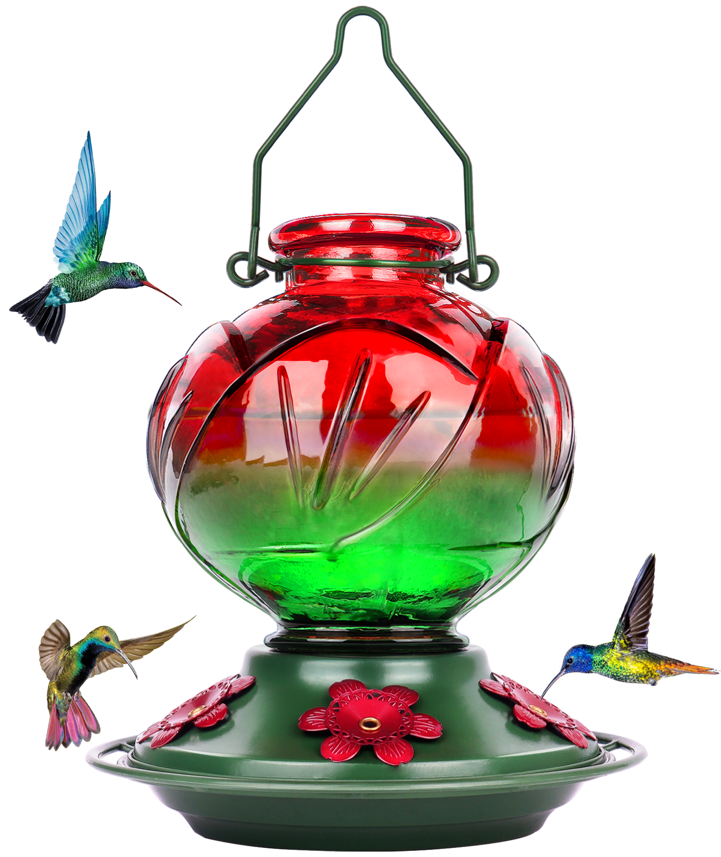 Ant-Proof Hand Blown Glass Hummingbird Feeder - 22oz Peony Flower Shape with Built-in Ant Moat & 5 Feeding Ports - Leakproof Outdoor Gift (Blue/Red/Orange/Purple/Vibrant Mix Colors)