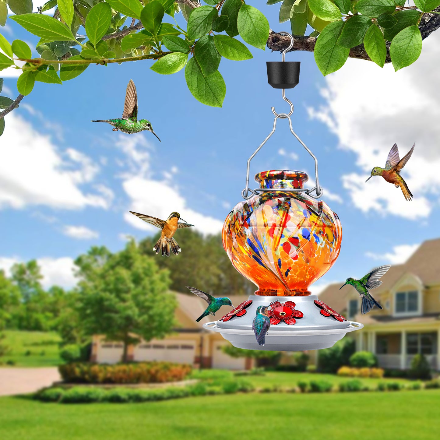 Ant-Proof Hand Blown Glass Hummingbird Feeder - 22oz Peony Flower Shape with Built-in Ant Moat & 5 Feeding Ports - Leakproof Outdoor Gift (Blue/Red/Orange/Purple/Vibrant Mix Colors)